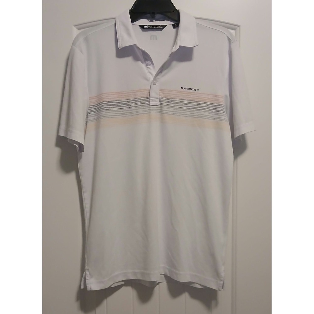 TravisMathew Mens White Chest Stripe Pima Cotton Blend Golf Polo Shirt Size M